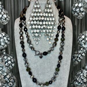 Vintage Glass Beaded Necklace 38”, Vintage Rhinestone Earrings 4”